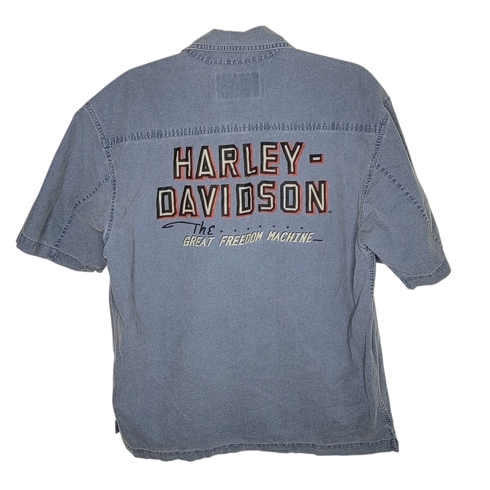 Vintage 90s Harley Davidson Button Down Denim Shirt Size Medium Short Sleeve
